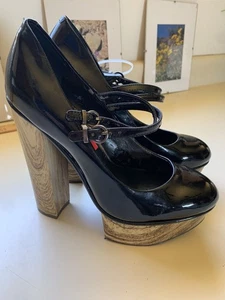 Jessica Simpson Glynis Black Leather High Heel Wood Platform Round Toe Pumps Sz9 - Picture 1 of 10
