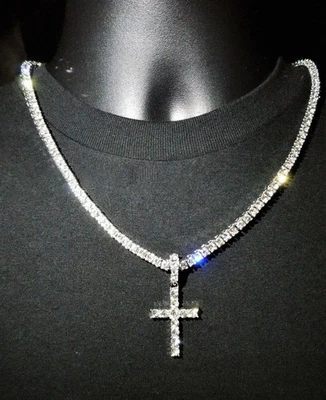 14k White Gold Plated Lab Created Diamond Cross Pendant Tennis Necklace 18"  - Image 1 of 4