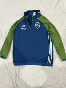 Seattle Sounders Sweater Mens XL Blue Adidas Pullover 1/4 Zip Couple Stains - Picture 1 of 10