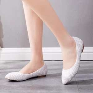 Damen Weiß PerlenSchwanger Schwanger Flache Schuhe Braut Hochzeit Brautschuhe - Bild 1 von 27
