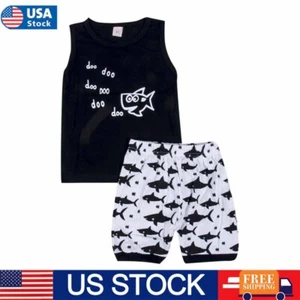Boys Baby Clothes Shark Vest Top and Stripe Shorts Cotton breathable - Picture 1 of 10