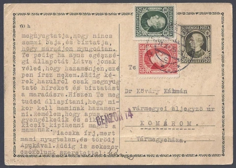 SLOVENIA 1939 CENCORED UPRATED POSTAL CARD TO VARMEGYEMAZA Cover