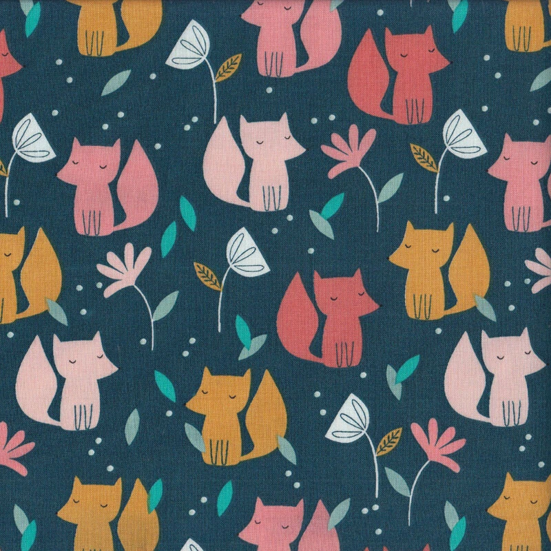 NEW Cute Foxes Flowers on Dark Green Summer Breeze Quilting Fabric 1/2 Metre - image 1 of 1
