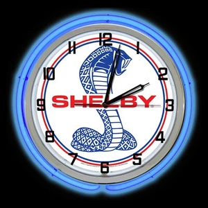 18" Blue SHELBY Snake Double Neon Clock Cobra Mustang Chrome Case - Picture 1 of 2