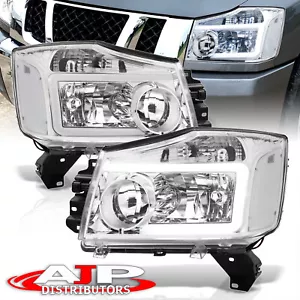 Chrome Driving LED Tube Head Lights Lamps For 2004-2015 Nissan Titan -07 Armada - Picture 1 of 10