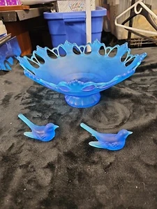VTG Satin Frosted Blue Glass Art Fruit Bowl Doric Reticulated Lace - Picture 1 of 11