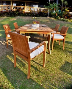 7 PC DINING TEAK SET GARDEN OUTDOOR PATIO FURNITURE NAPA STACKING 117" RECT TBL - Picture 1 of 8