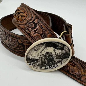 Vintage Alaska Etched Marble Belt Buckle And Vintage Leather Belt Size 38 - Picture 1 of 15