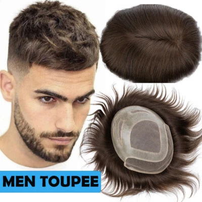 Mens Human Hair Replacement System French Lace Thin Skin Toupee Hairpiece Wig AU - image 1 of 4
