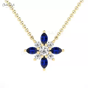 14K Gold 4x2mm Blue Sapphire & Diamond Floral Pendant Necklace Fine Jewelry Gift - Picture 1 of 22