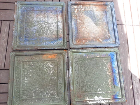 Victorian Pressed Tin Ceiling, 2' x 2', Pebbled Center Square. Salvage, Chippy Cover