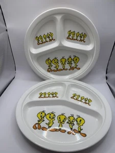 FATACO Lot Of 2 Tweety Bird Kids Divided Melamine Plates Set Vintage Retro - Picture 1 of 5