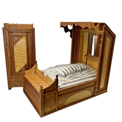 Handcrafted Vtg Artisan Dollhouse Paneled Alcove Bed & Armoire w Mattress Mirror - Image 1 of 4
