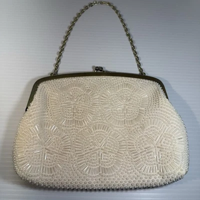 Vintage Beaded Clutch Formal Evening Cream w Gold Chain - Image 1 of 4