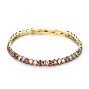 18K Gold Plated Multi Color Stones Tennis Bracelet Waterproof Anti-Tarnish 8in - Picture 1 of 4