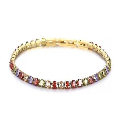 Pulseira de tênis folheada a ouro 18K pedras multicoloridas impermeável antimanchas 8 polegadas - Imagem 1 de 4