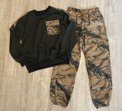 男孩树迷彩尼龙裤子黑色运动衫套装大号 11,迷彩全新无标签 — 第 1/2 张图片