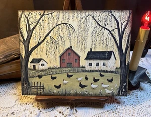 Saltbox Houses, Chickens, Folk Art, Primitive Handcrafted Plaque / Sign - Picture 1 of 3