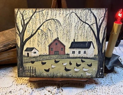 Saltbox Houses, Chickens, Folk Art, Primitive Handcrafted Plaque / Sign - Image 1 of 3