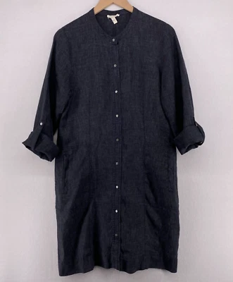 EILEEN FISHER Dress S Linen Chambray Crossdye Shirtdress Roll Tab Sleeve Blue - Image 1 of 4