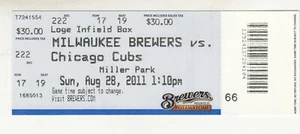 MILWAUKEE BREWERS vs Chicago Cubs 8/28/2011 Ticket Corey Hart Career HR #119 - Picture 1 of 1