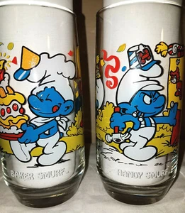 Pair of 1983 Baker & Handy Smurf Drinking Glasses Peyo Wallace Berrie Hardees - Picture 1 of 8