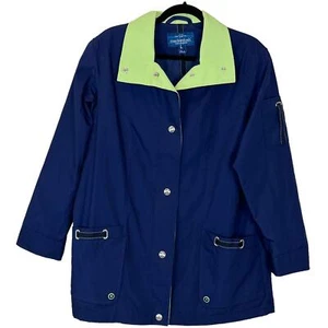 Mackintosh New England Rain Jacket Navy Lime Green Preppy Women Medium Pockets - Picture 1 of 10