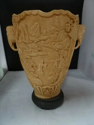 Vintage Asian  Carved Resin Relief Vase Elephant Handles 11 5/8” X 10” - Image 1 of 4