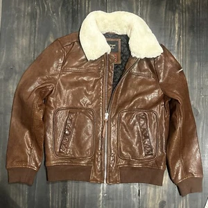 SUPERDRY Aviator Flight Leather Borg Collar Jacket - Brown - Size M / US8 / UK12 - Picture 1 of 17