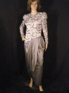 Vintage Victor Costa Gray Satin Sequin Formal Dress Gown Chic Sophisticated M - Picture 1 of 12