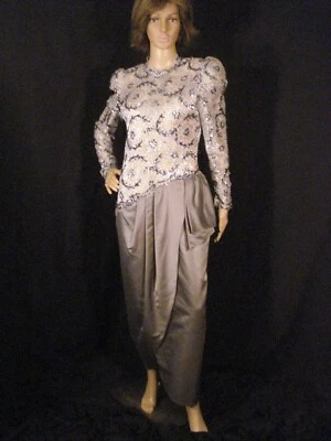 Винтажный Victor Costa серый атласный блестки официальное платье шик изысканный M - Изображение 1 из 4