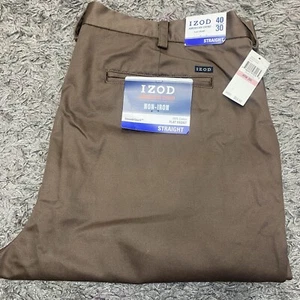 IZOD Anzughose Herren 40 x 30 entkoffeiniert kaffeebraun vorne flach Str bügelfrei Chino neu mit Etikett - Bild 1 von 24