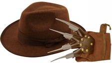 Freddie Freddy Burned Burnt Man Glove Hand & Hat Nightmare Halloween Fancy Dress