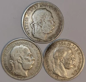 HUNGARY / 1893ΚΒ,1895ΚΒ,1914ΚΒ  Corona,Lot of 3 Silver Coins !!! - Picture 1 of 2