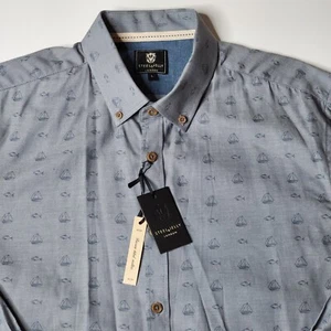 Camisa con estampado de peces náuticos de gelatina de acero de algodón con botones para hombre L azul preppy - Imagen 1 de 10