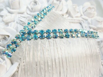 Double Row Aquamarine Color Crystal rhinestone Hair comb Pair, Mermaid hair comb - Image 1 of 4