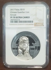 2017 NGC PF 70 PALAU 2oz Silver $10 "CHINESE GUARDIAN LION-FEMALE" Ultra Cameo - Picture 1 of 2