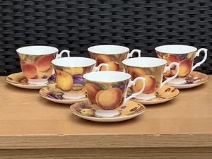 6 x Duchess China Golden Fruits Orchard Gold Still Life Footed TeaCups & Saucers - Picture 1 of 13