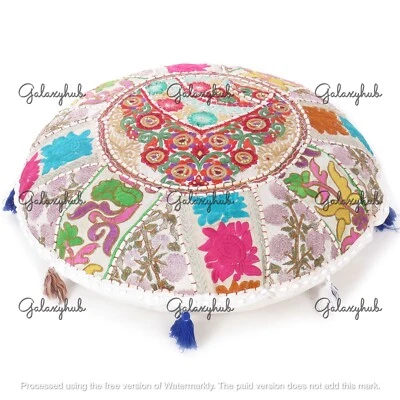 16X16 In Indian Handmade Cotton Pillow Cover White Bohemian Floor Cushion Cover - Image 1 of 4