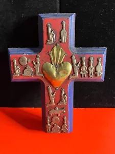 Tin Milagros Wood Cross Handmade Mexican Folk Art - Red/Blue (7" x 5 1/2") - Picture 1 of 2