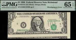 1988 $1 FRN "MIS-ALIGNMENT OF THE 2ND" P.M.G #65EPQ - Picture 1 of 3