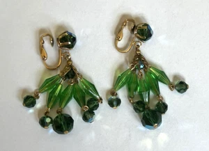 Vintage 60s MCM Lucite Crystal Green Dangle Costume Earrings - Picture 1 of 4