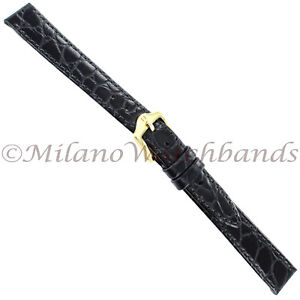 12mm Hirsch Black Crocograin Genuine Leather Stitched Ladies Watch Band Regular