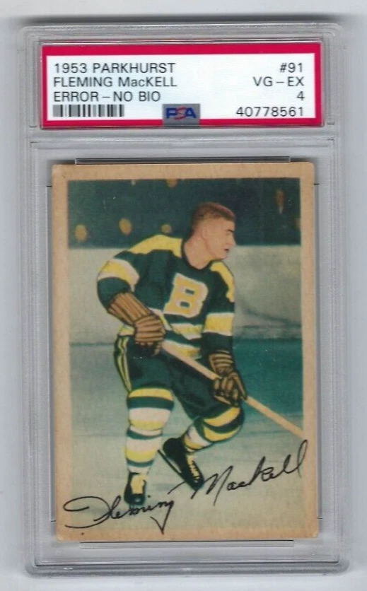 1953 Parkhurst hockey card #91 Fleming MacKell Boston Bruins graded PSA 4 error - Image 1 of 2