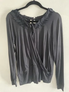 Pepe Jeans Top XS Long Sleeve Jersey Fringed Neckline Wrap Front - Picture 1 of 21