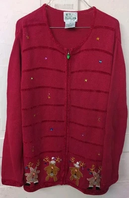 QUACKER FACTORY Christmas Cardigan Womens 2X Full Zip W/Reindeer Grandmacore - Image 1 of 4