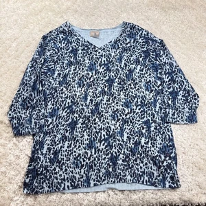 Chico's Sweater Women's 3 Blue Animal Print Lightweight Boho Work Office Comfort - Picture 1 of 9