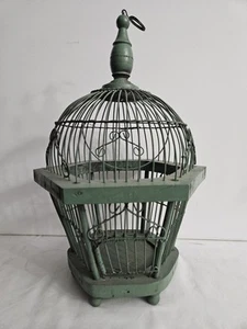 Vintage Wood & Wire Bird Cage 15"H x 10.5"W Green - Picture 1 of 11