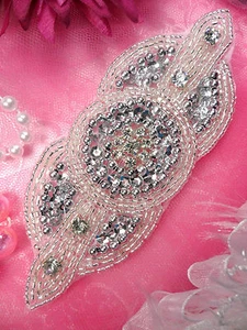 XR137 Silver Triple Circle Rhinestone Beaded Sequin Applique 5.25" Iron On  - Picture 1 of 1