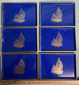 6 VINTAGE OTAGIRI JAPAN Blue w/Gold Trim Trays GIBSON Greeting Cards Sailboat - Picture 1 of 5